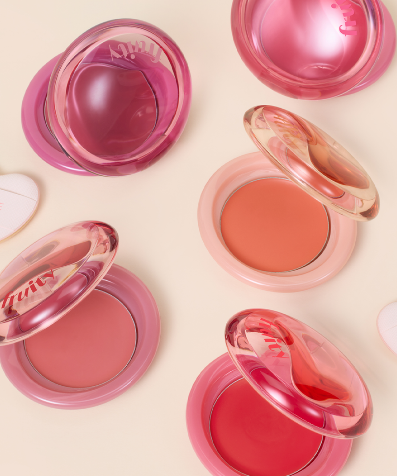 ETUDE Fruity Lip & Cheek Blur Balm 2.3g in a variety of shades showcased in open containers against a beige background.