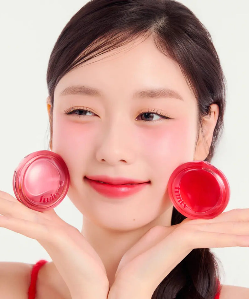 Model with ETUDE Fruity Lip & Cheek Blur Balm 2.3g in vibrant pink shade