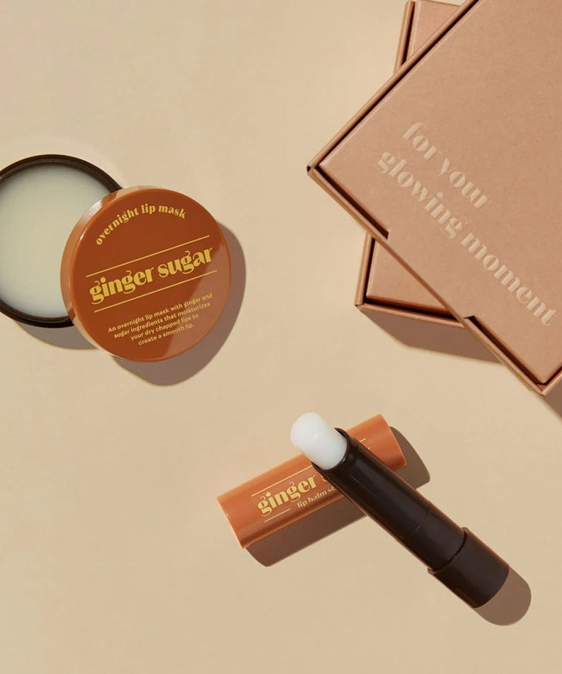 ETUDE Ginger Sugar Lip Care 2-piece Set including overnight lip mask and stick balm on a beige background