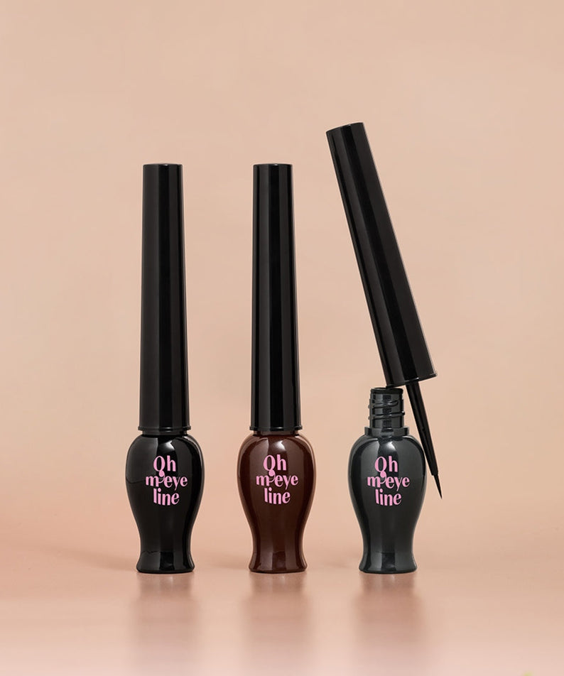 ETUDE Oh My Line liquid eyeliners in black, brown, and open black variants on a neutral background, showcasing sleek design.