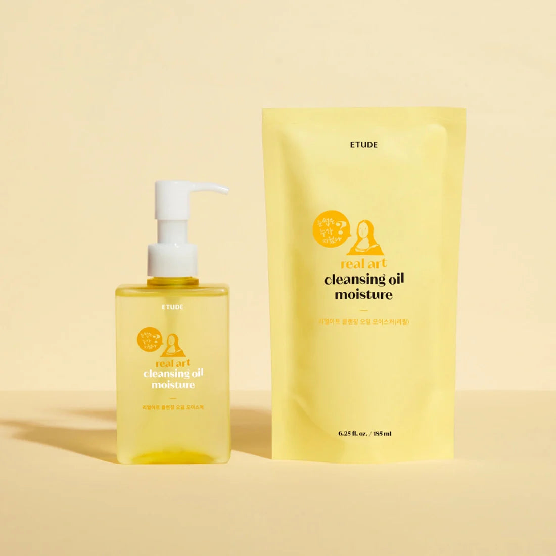 Image of ETUDE Real Art Cleansing Oil Moisture 2-piece set (185ml+185ml) in a pump bottle and refill pack on a beige background.