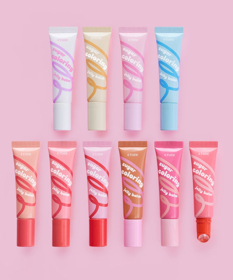 Collection of ETUDE Sugar Coloring Jelly Balm 9g in various colors on a pink background