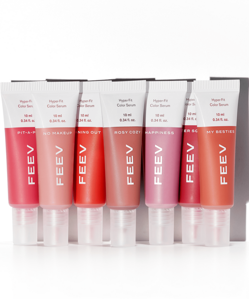 Collection of FEEV Hyper-Fit Color Serum Mini Blush tubes displayed in various shades.