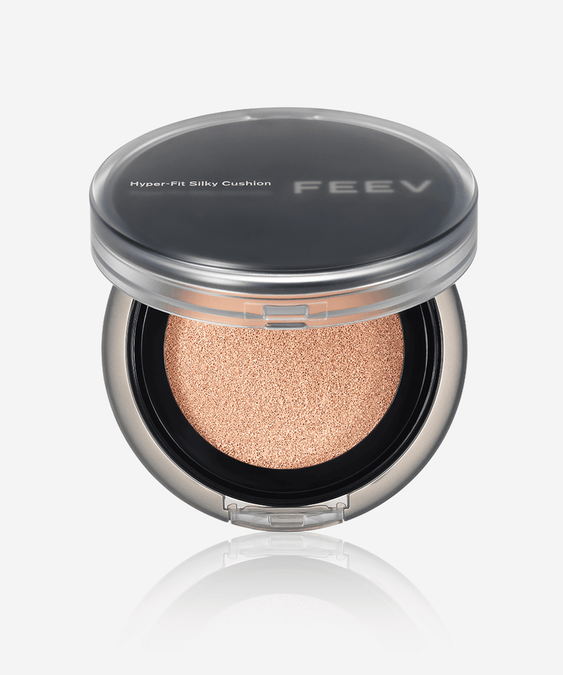 FEEV Hyper-Fit Silky Cushion makeup product with open compact displaying the cushion inside, ideal for flawless skin application.
