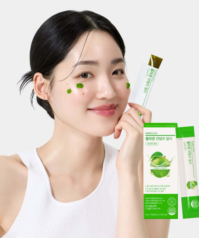 Model holding FOODOLOGY Collagen Centella Jelly 250g with packaging, showcasing skincare benefits and vibrant design.
