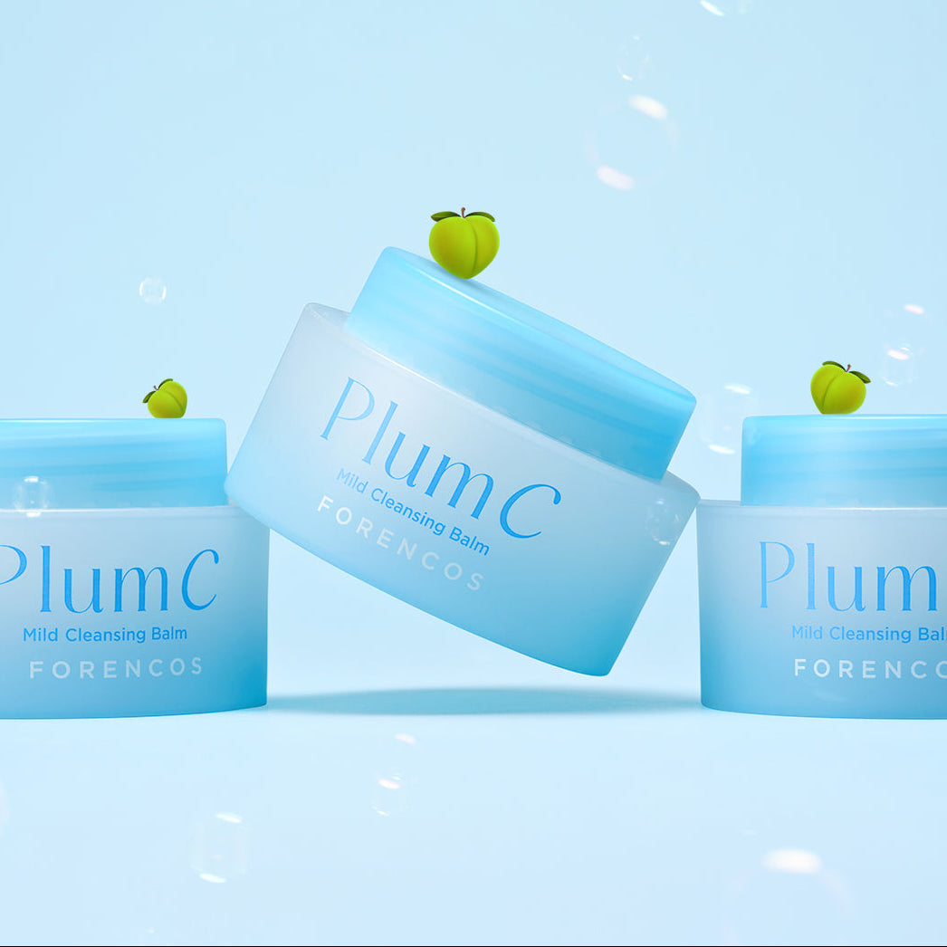 FORENCOS Plum C Mild Cleansing Balm 50ml jars with green fruit on blue background.