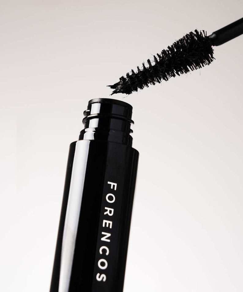 Open tube of FORENCOS Renewal Tattoo Allproof Mascara showcasing the brush with rich black mascara.