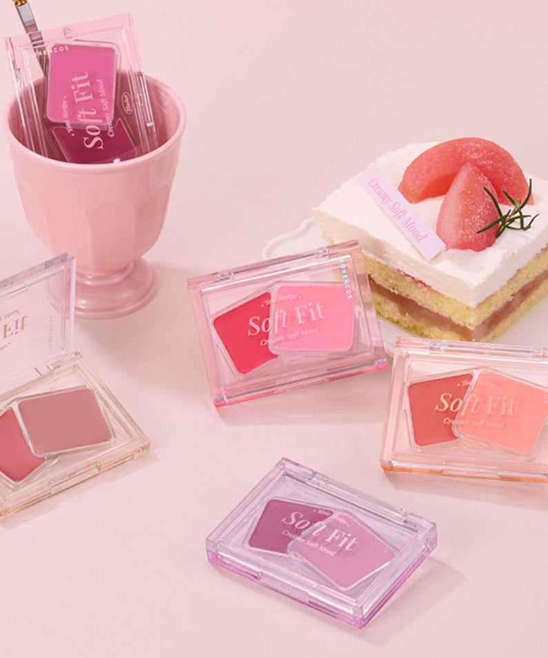 FORENCOS Soft Fitting Cream Blusher in various shades with cake and pink cup background.