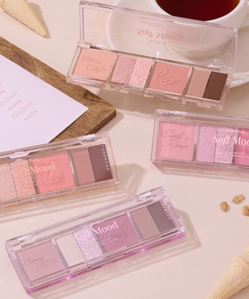 FORENCOS Soft Mood Eye Palette featuring various shades, perfect for versatile eye makeup looks, displayed with soft aesthetic details.