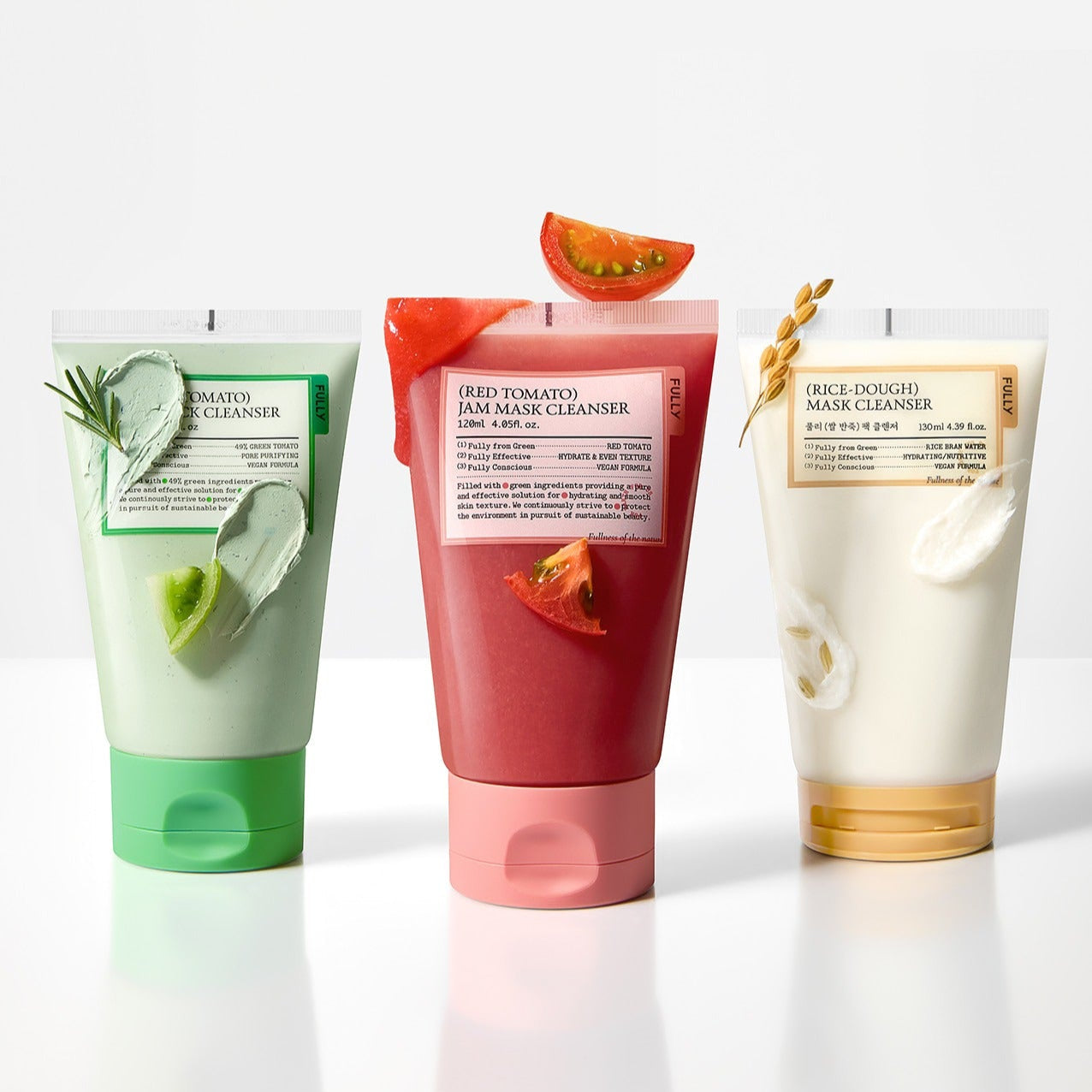 FULLY Fully Pack Cleanser 3-piece set with tomato, aloe, and rice mask cleansers displayed in a colorful arrangement.