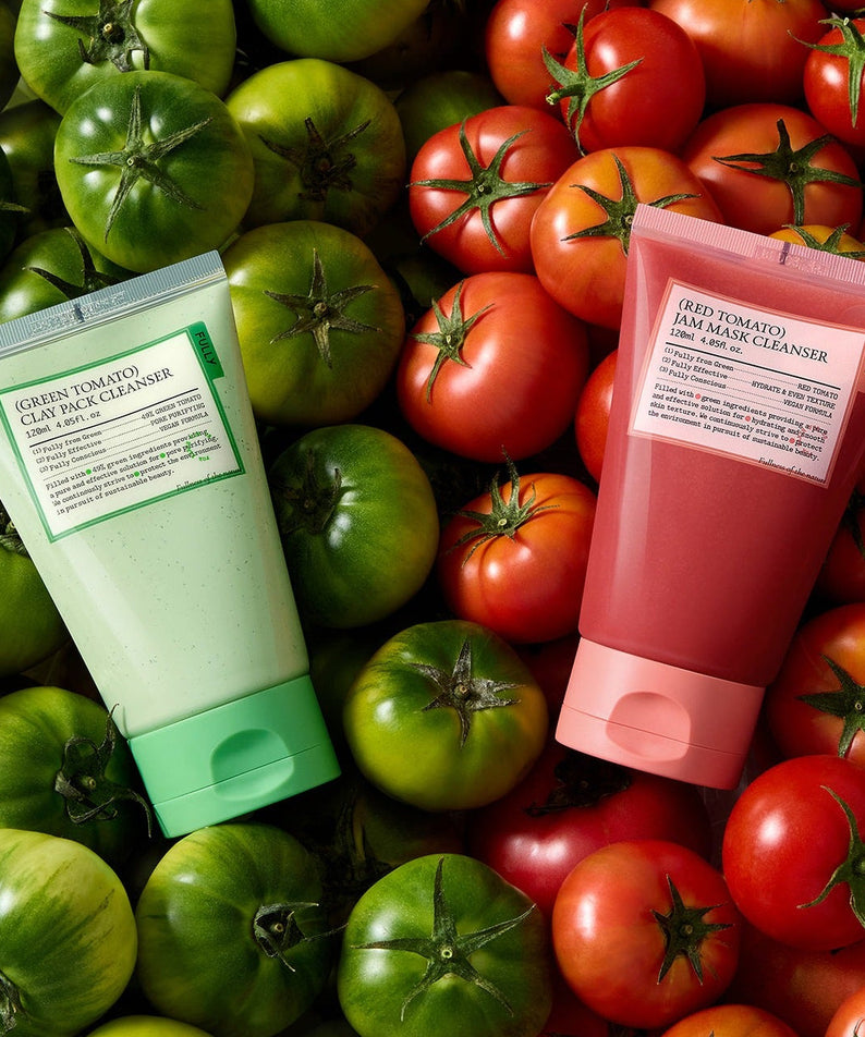 FULLY Fully Pack Cleanser 3-piece set, featuring Green Tomato Clay Pack and Red Tomato Jam Mask cleansers with fresh tomatoes.