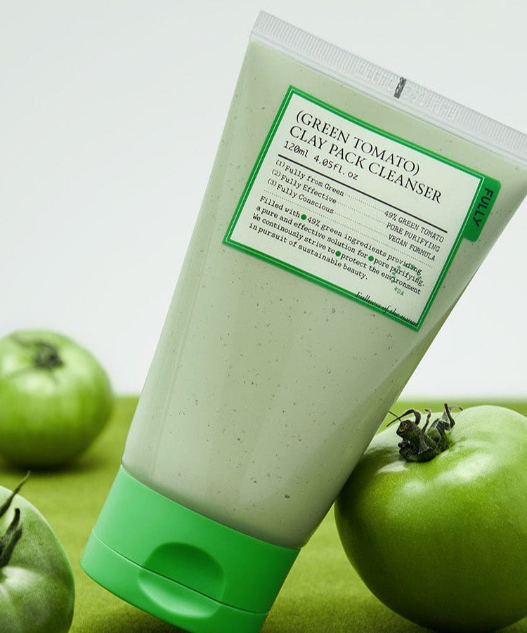 FULLY Green Tomato Clay Pack Cleanser 120ml with vibrant green tomatoes in the background highlighting the natural ingredients.