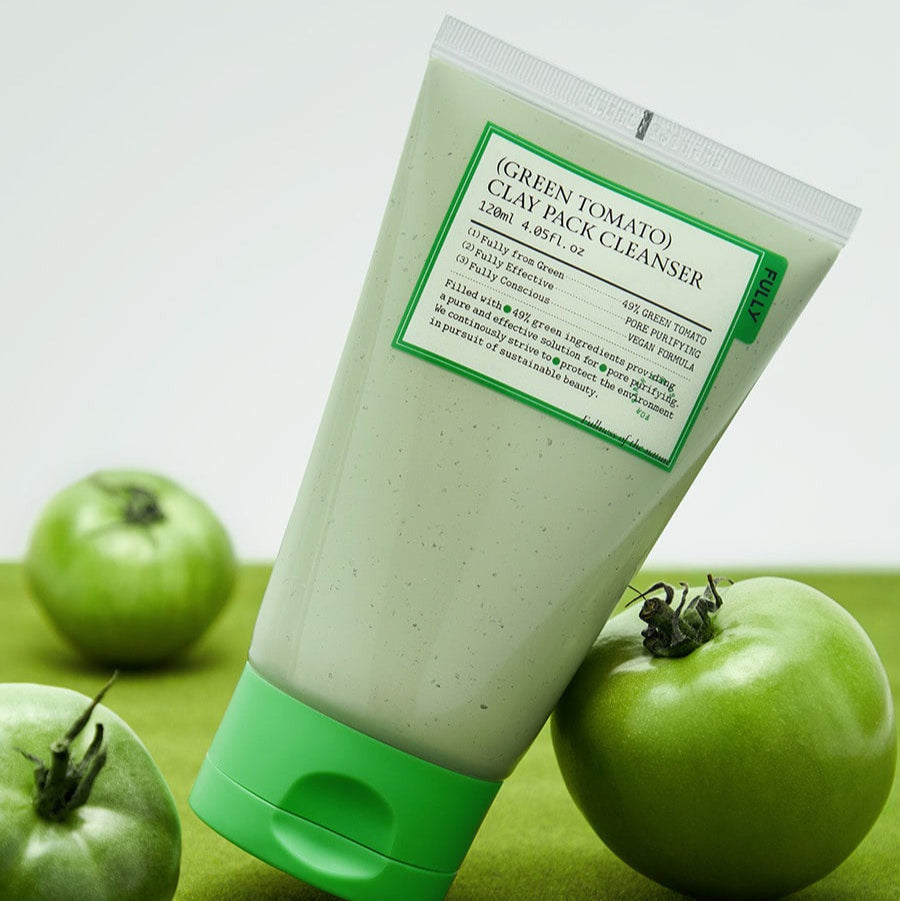 FULLY Green Tomato Clay Pack Cleanser 120ml with vibrant green tomatoes in the background highlighting the natural ingredients.