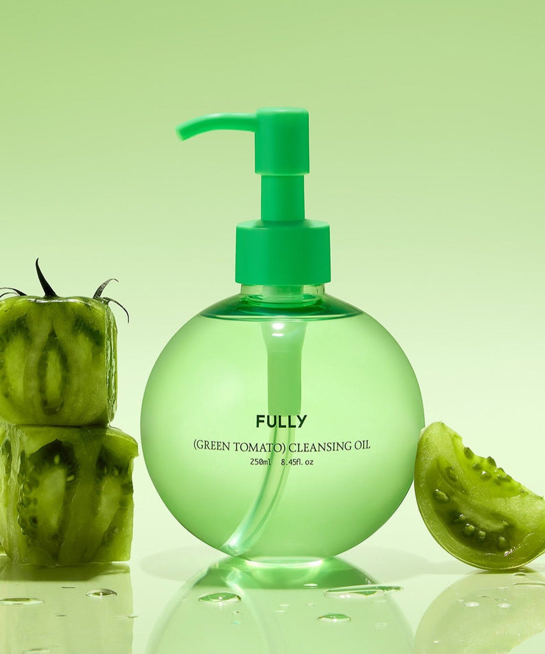 FULLY Green Tomato Cleansing Oil 250ml bottle with green tomatoes on a green background.