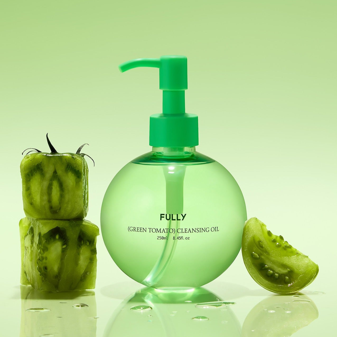 FULLY Green Tomato Cleansing Oil 250ml bottle with green tomatoes on a green background.