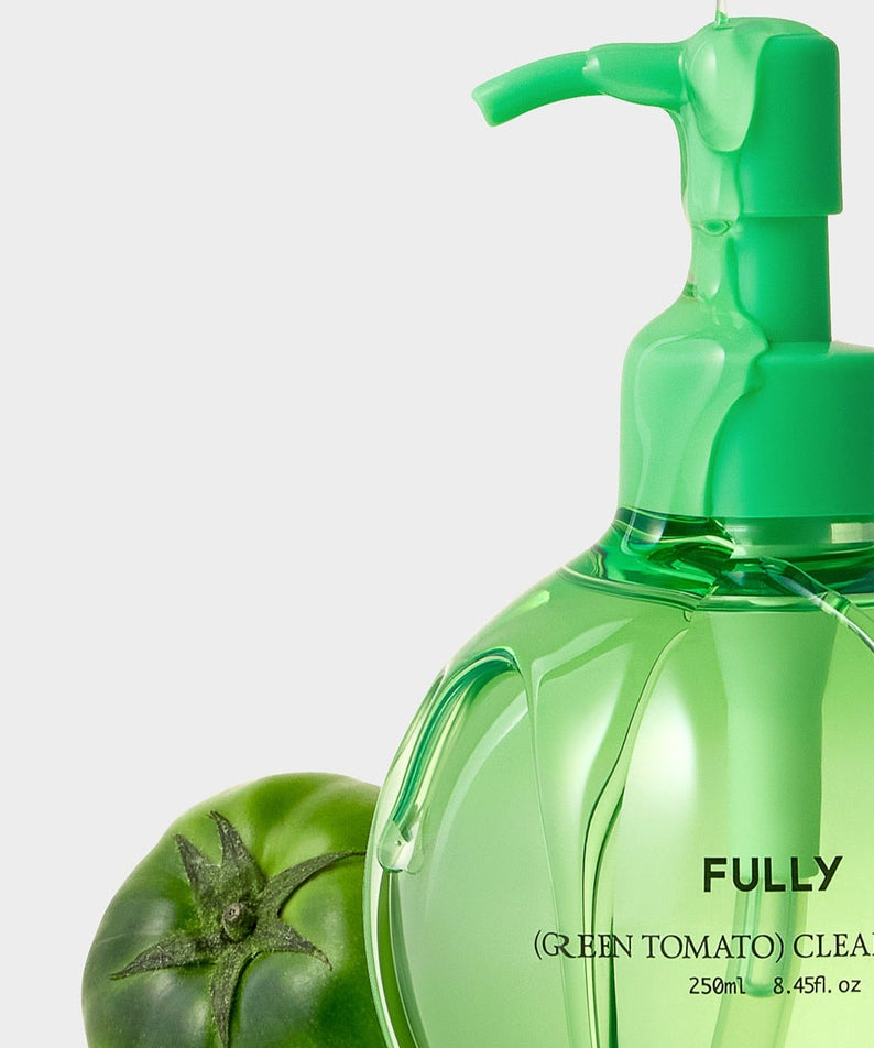 FULLY Green Tomato Cleansing Oil 250ml bottle with green tomato, skincare product.