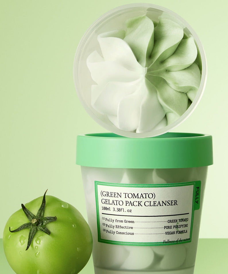 FULLY Green Tomato Gelato Pack Cleanser 100ml beside green tomato with open packaging