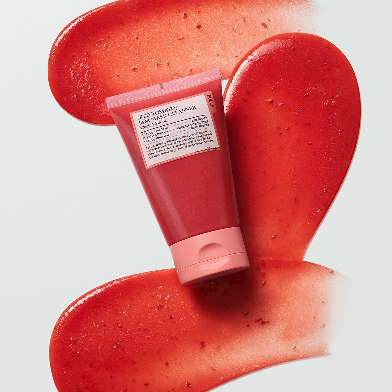 FULLY Red Tomato Jam Pack Cleanser 120ml tube with red tomato gel texture on white background