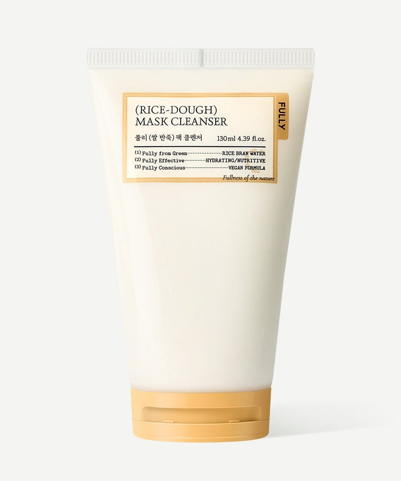 Image of FULLY Rice Dough Pack Cleanser 130ml, a skincare product in a white tube with gold accents on the label and cap.