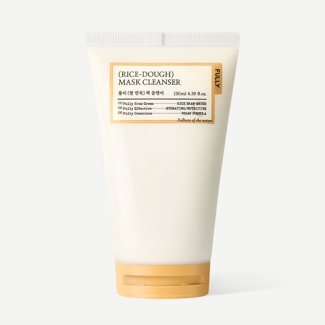 Image of FULLY Rice Dough Pack Cleanser 130ml, a skincare product in a white tube with gold accents on the label and cap.