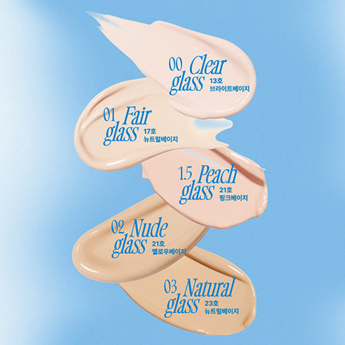 FWEE Cushion Glass Natural shades displayed in a variety of tones, including Clear, Fair, Peach, Nude, and Natural glass on a blue background.