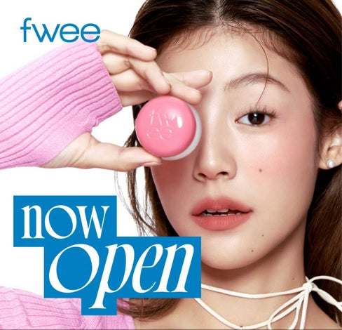 FWEE Lip & Cheek Blurry Pudding Pot model holding product with 'now open' text