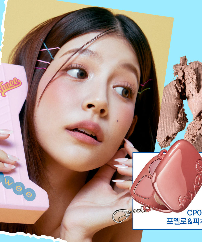 Person holding FWEE Pew Pocket Cheek Palette in pink with makeup swatches, highlighting its compact design and vibrant color options.