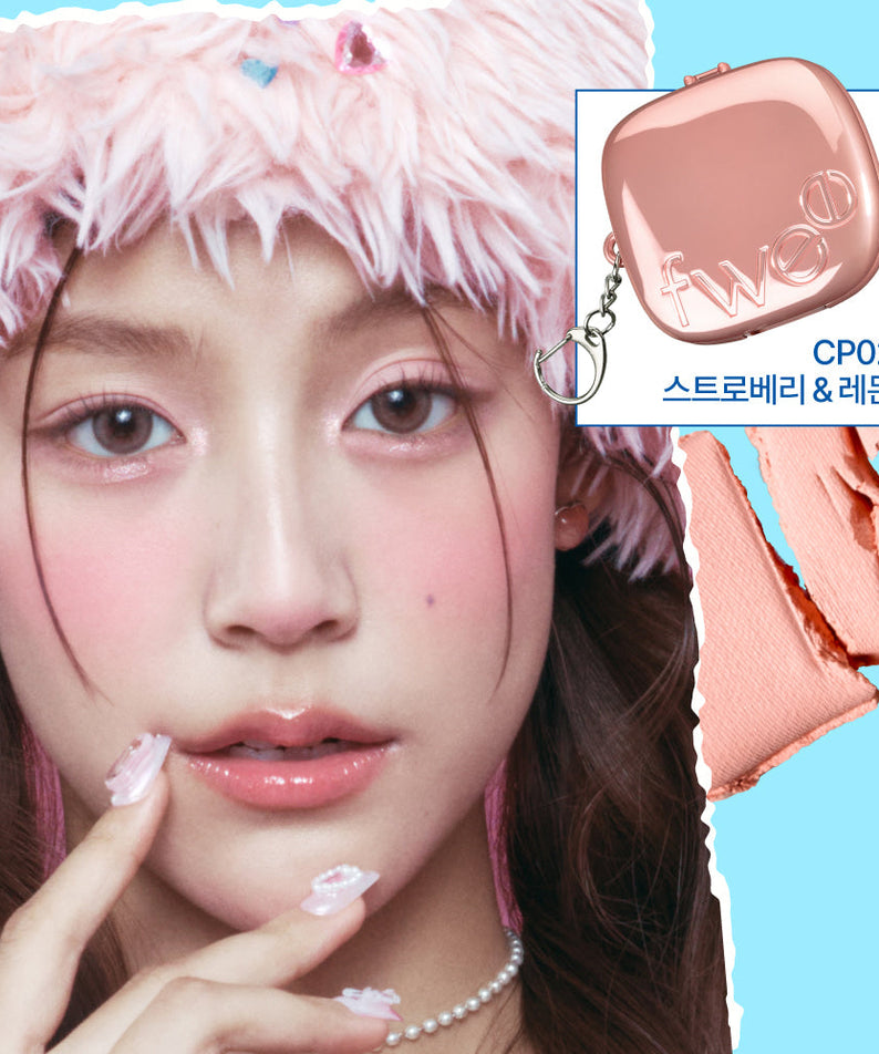 Close-up of model wearing FWEE Pew Pocket Cheek Palette on cheeks with product packaging displayed, promoting CP02 shade.
