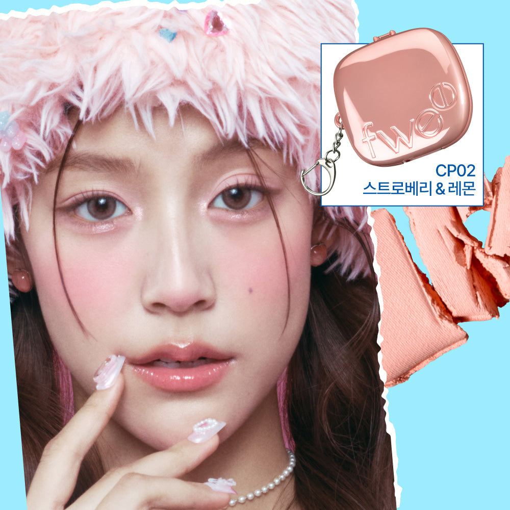 Close-up of model wearing FWEE Pew Pocket Cheek Palette on cheeks with product packaging displayed, promoting CP02 shade.