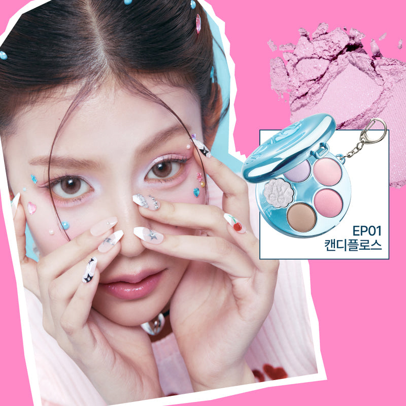 FWEE Pew Pocket Eye Palette with vibrant colors and compact design, featuring model showcasing eye makeup.