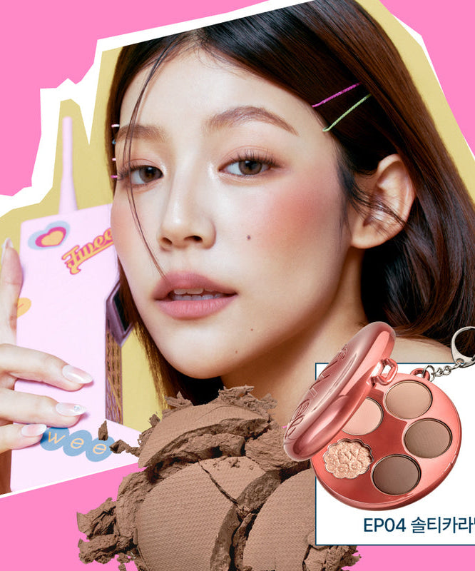 FWEE Pew Pocket Eye Palette in use with EP04 카라멜 color, showcasing makeup application and product packaging.