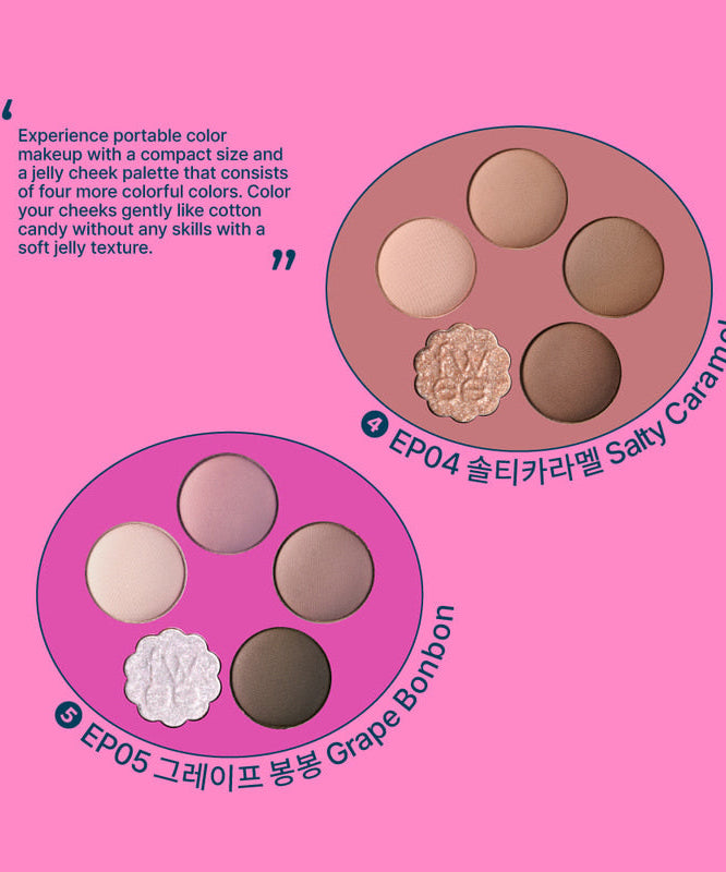 FWEE Pew Pocket Eye Palette featuring EP04 Salty Caramel and EP05 Grape Bonbon shades on pink background.