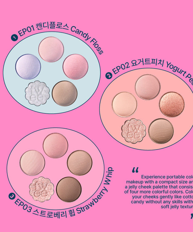 FWEE Pew Pocket Eye Palette featuring Candy Floss, Yogurt Peach, and Strawberry Whip shades with compact color selection.