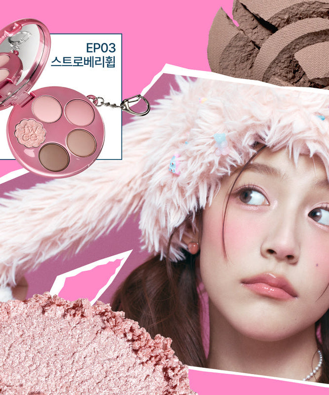 FWEE Pew Pocket Eye Palette in pink with four shades next to model wearing pink furry hat and matching makeup on pink backdrop.