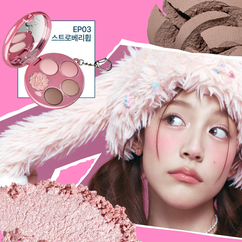 FWEE Pew Pocket Eye Palette in pink with four shades next to model wearing pink furry hat and matching makeup on pink backdrop.
