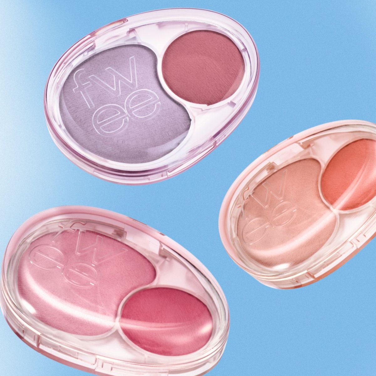 FWEE mellow Dual Blush on blue background, showcasing pastel pink and lavender blush shades.