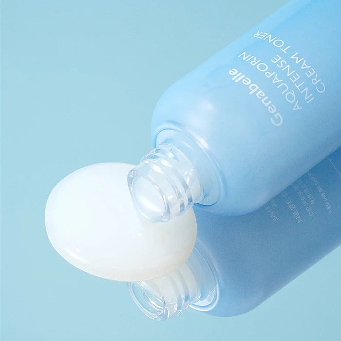 GENABELLE Aquaporin Intense Cream Toner 120ml bottle with cream texture on a blue background
