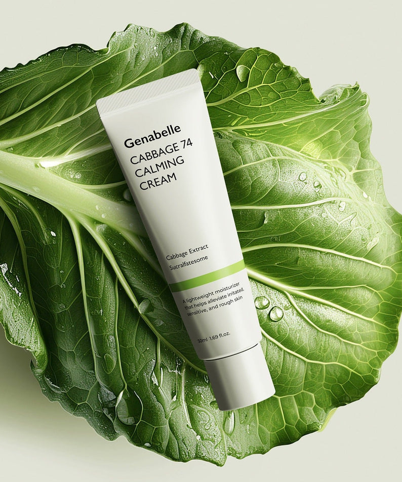 GENABELLE Cabbage 74 Calming Cream 50ml displayed on fresh cabbage leaf background