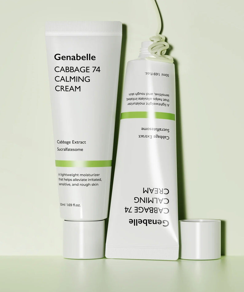 GENABELLE Cabbage 74 Calming Cream 50ml packaging displayed on a light green background, showcasing skincare benefits.