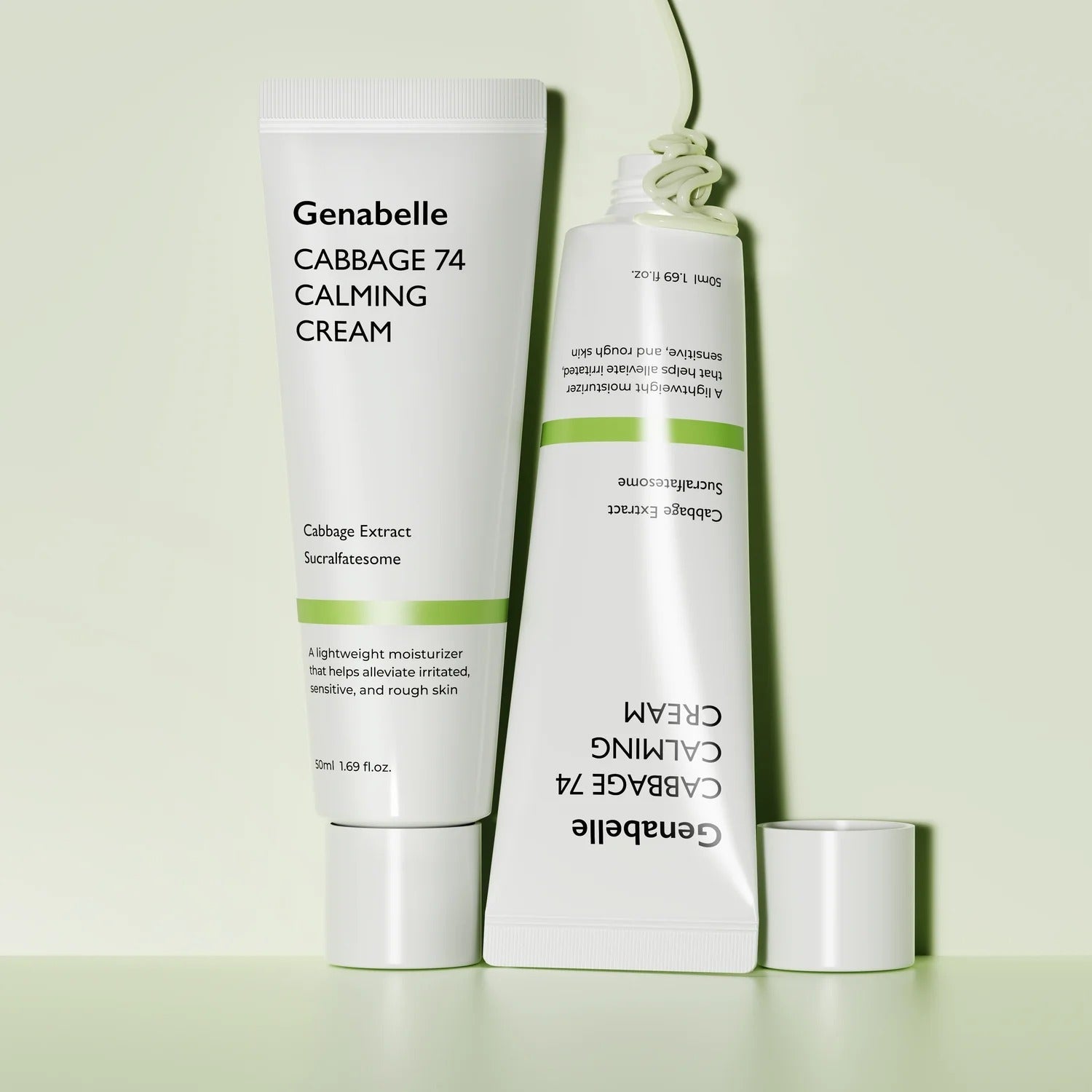 GENABELLE Cabbage 74 Calming Cream 50ml packaging displayed on a light green background, showcasing skincare benefits.