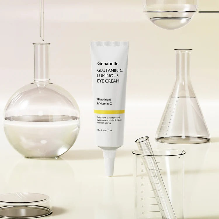 GENABELLE Glutamin-C Luminous Eye Cream 10ml tube with laboratory glassware in the background