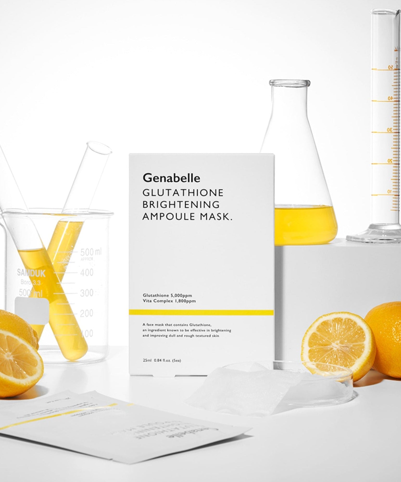 GENABELLE Glutathione Brightening Ampoule Mask 5ea with lemons and lab equipment in background.