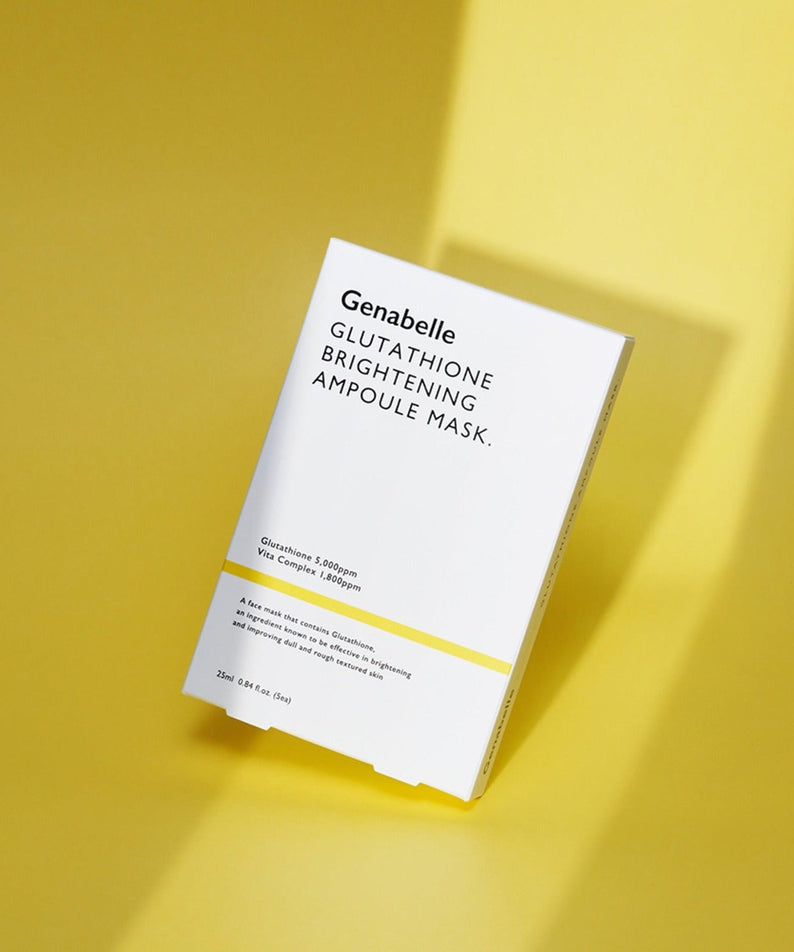 GENABELLE Glutathione Brightening Ampoule Mask 5ea packaging on a yellow background.