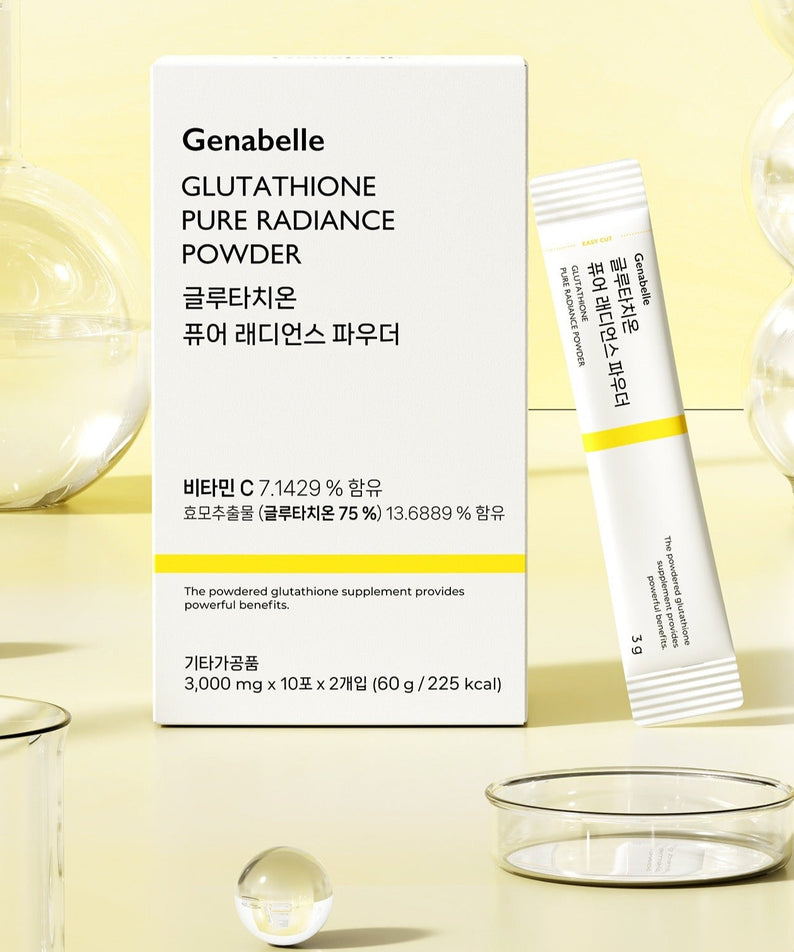 GENABELLE Glutathione Pure Radiance Powder 20ea product packaging with sticks and glass containers, promoting skin radiance.