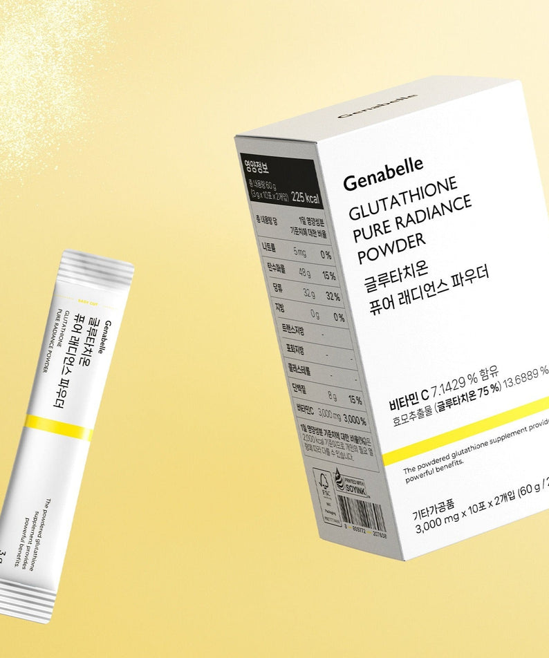 GENABELLE Glutathione Pure Radiance Powder 20ea box and sachet against a yellow background.