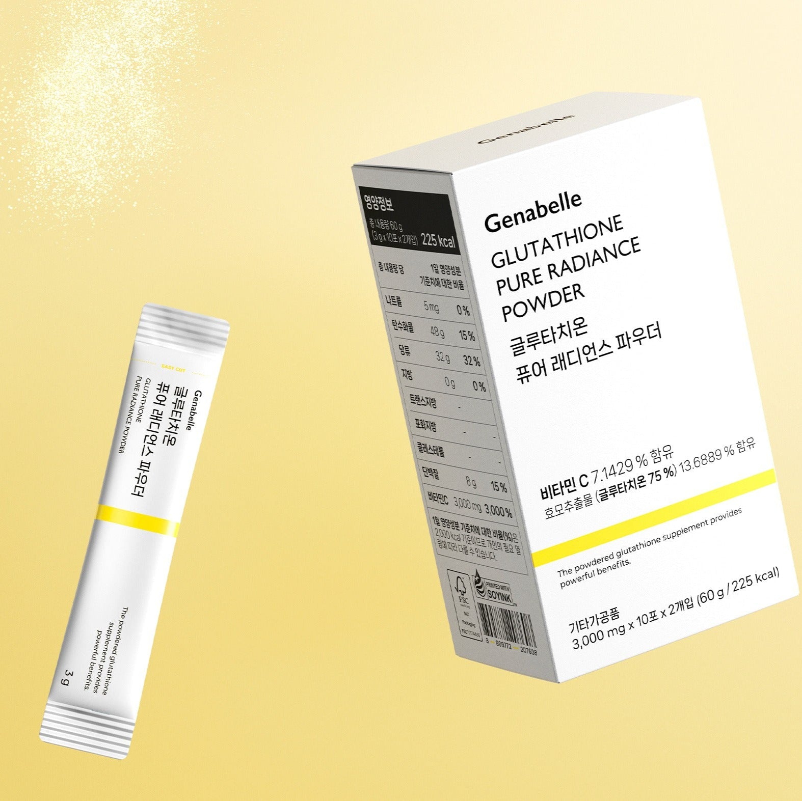 GENABELLE Glutathione Pure Radiance Powder 20ea box and sachet against a yellow background.