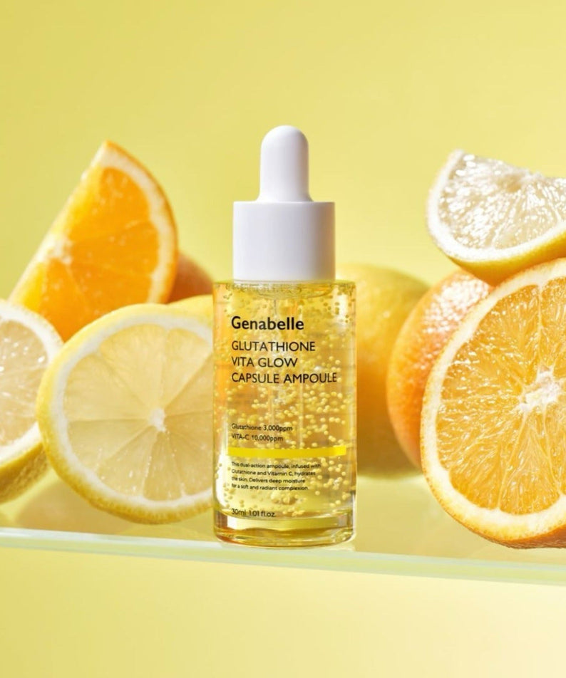 GENABELLE Glutathione Vita Glow Capsule Ampoule 30ml with citrus fruits background.