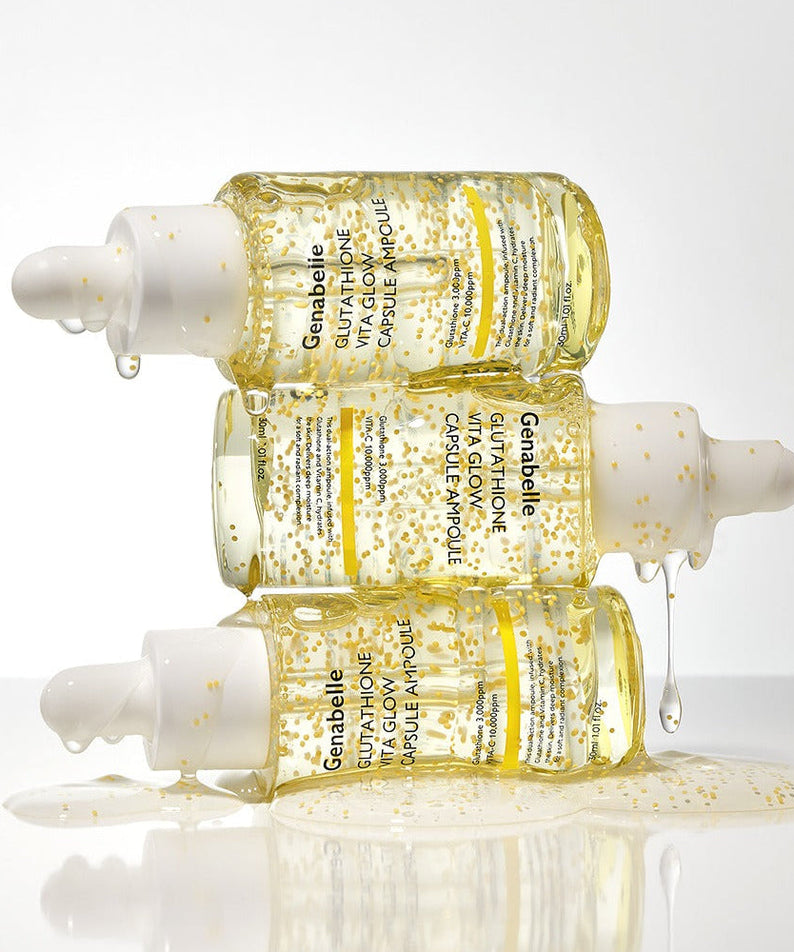 GENABELLE Glutathione Vita Glow Capsule Ampoule 30ml bottles stacked with liquid spilling over, showcasing the product's luxurious serum.