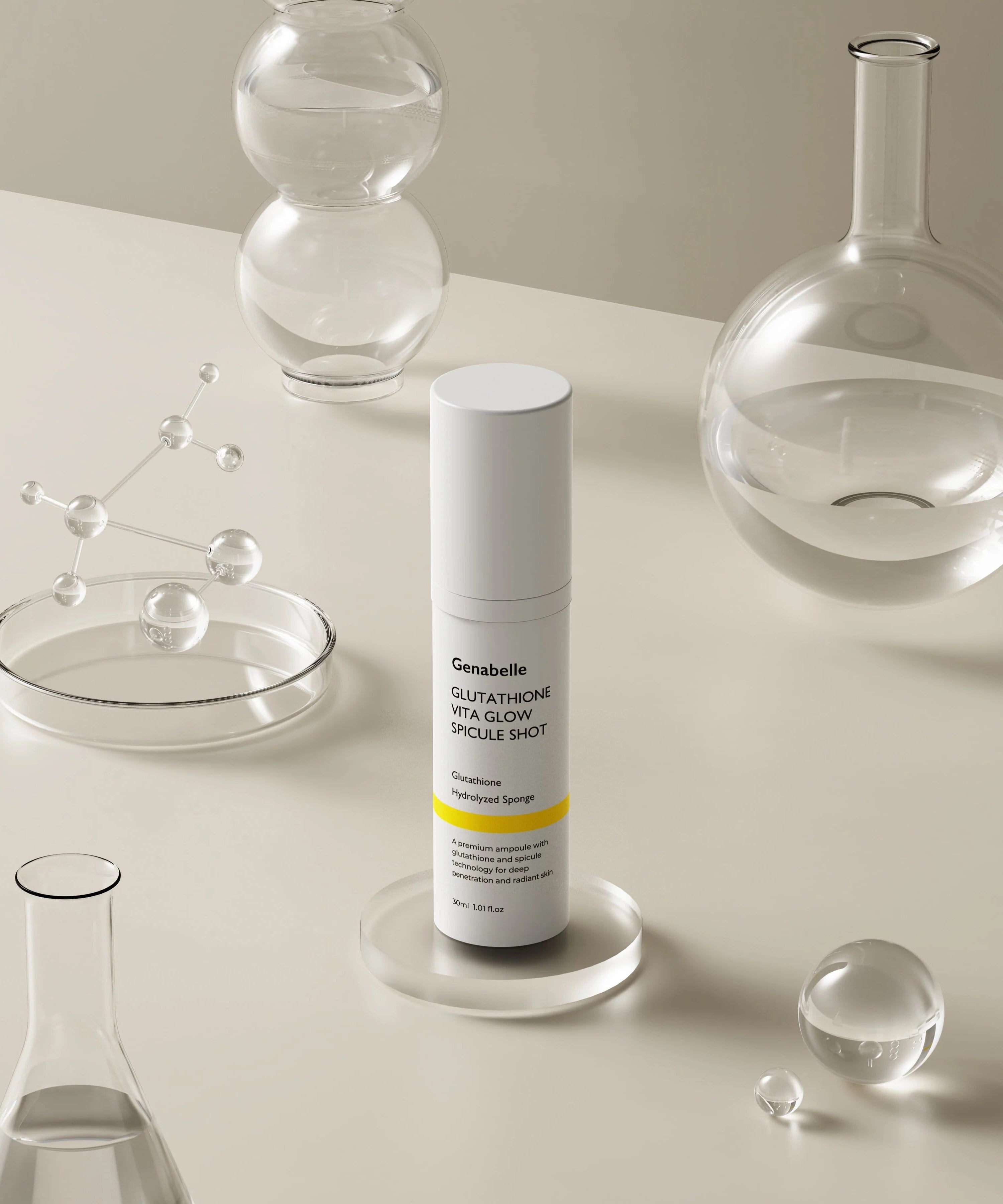 GENABELLE Glutathione Vita Glow Spicule Shot 30ml product bottle displayed among laboratory glassware.