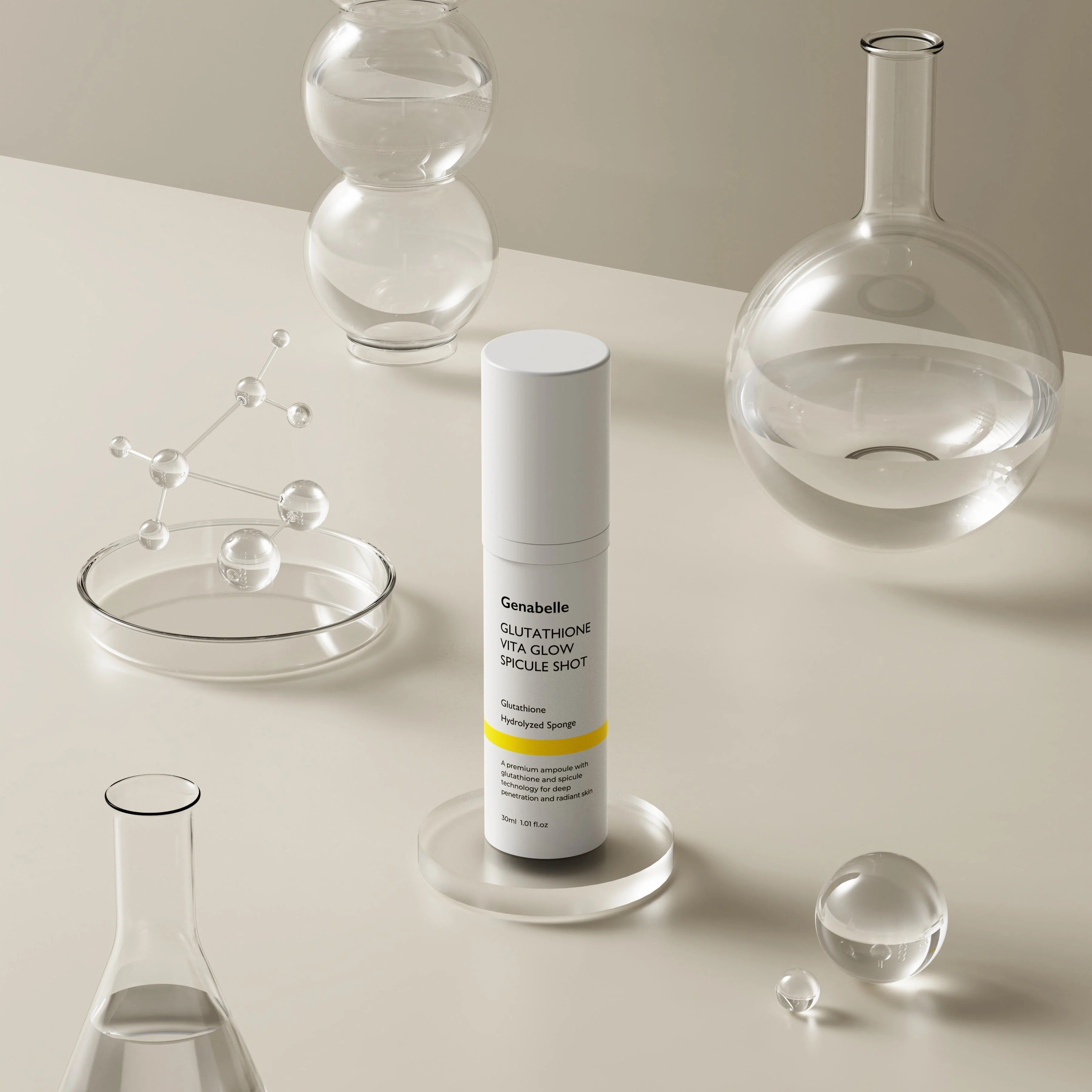 GENABELLE Glutathione Vita Glow Spicule Shot 30ml product bottle displayed among laboratory glassware.